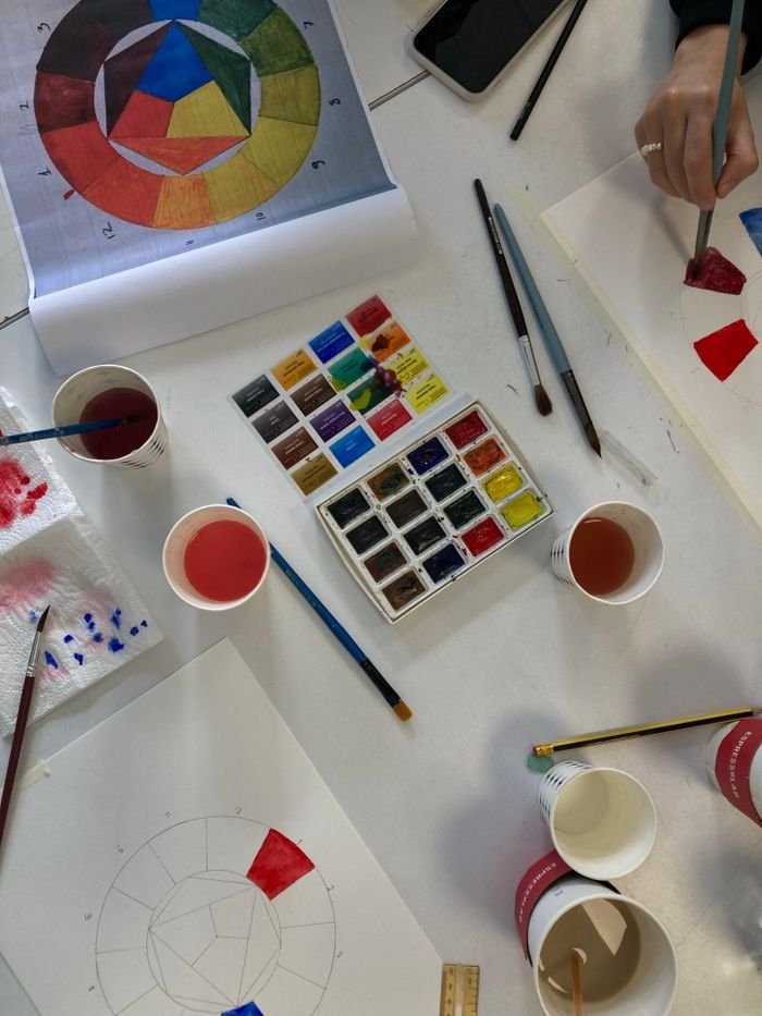 Services A top-view of an artist's workspace featuring paints, brushes, color wheel, and creative materials.